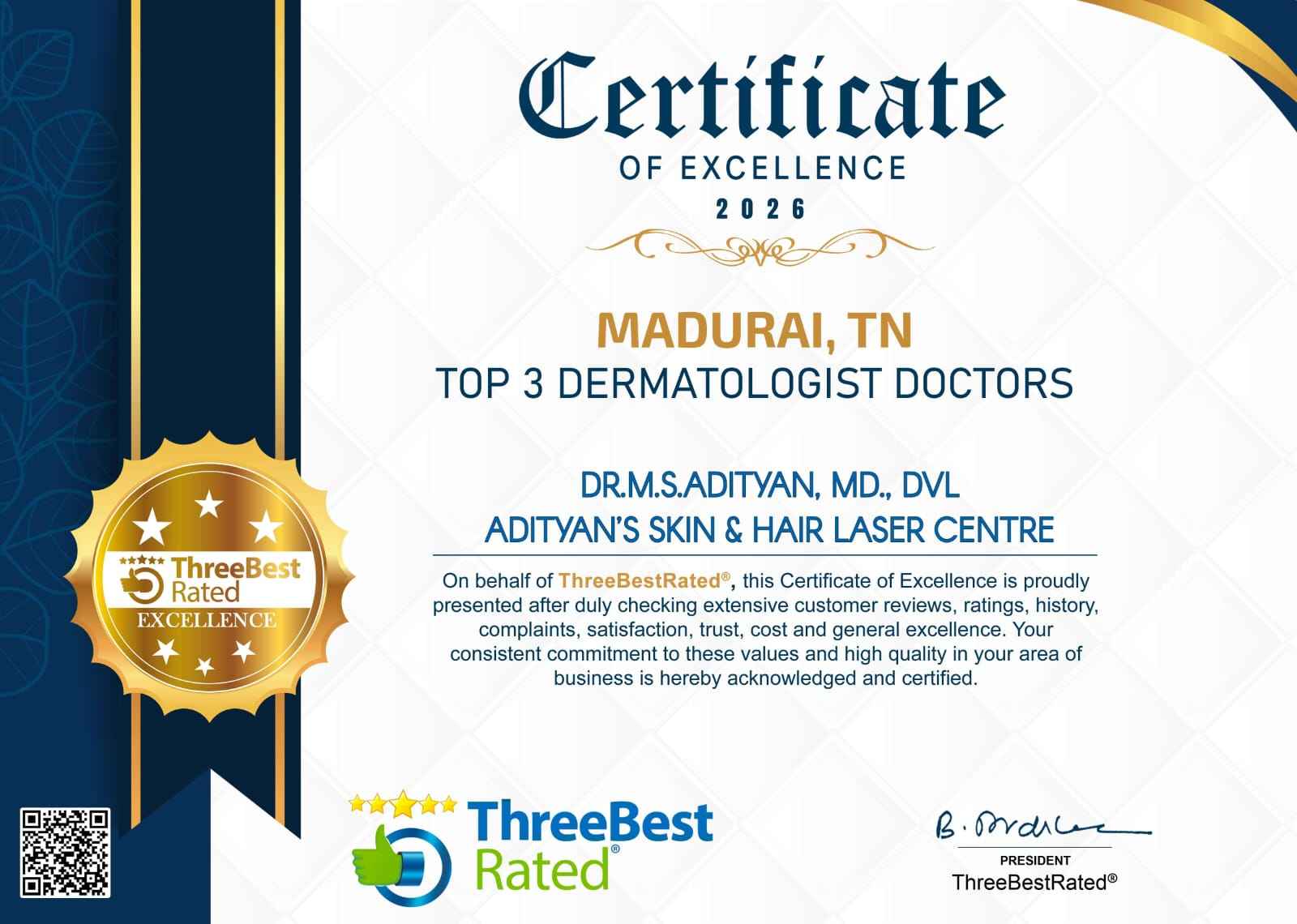 Certificate 1 for Adityan Skin Clinics