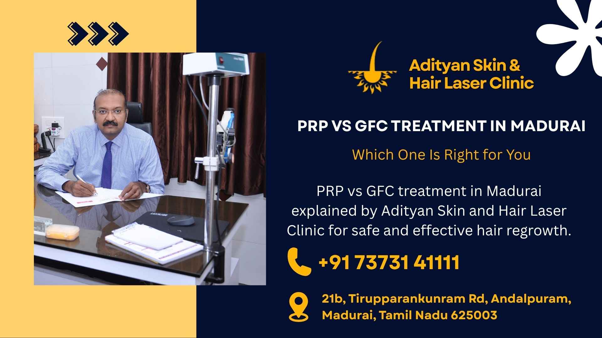 PRP vs GFC treatment in Madurai explained by Adityan Skin and Hair Laser Clinic for safe and effective hair regrowth.