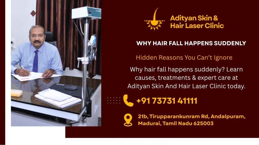 Why hair fall happens suddenly? Learn causes, treatments & expert care at Adityan Skin And Hair Laser Clinic today.