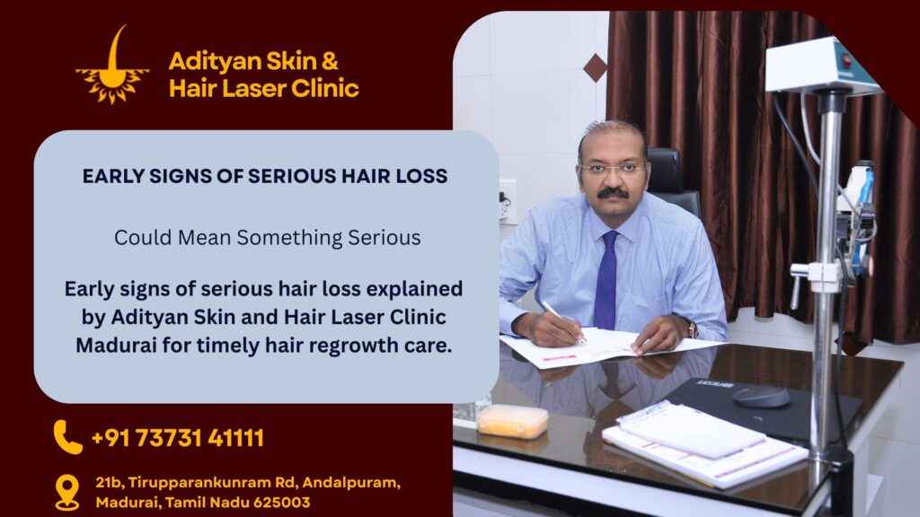 Early signs of serious hair loss explained by Adityan Skin and Hair Laser Clinic Madurai for timely hair regrowth care.