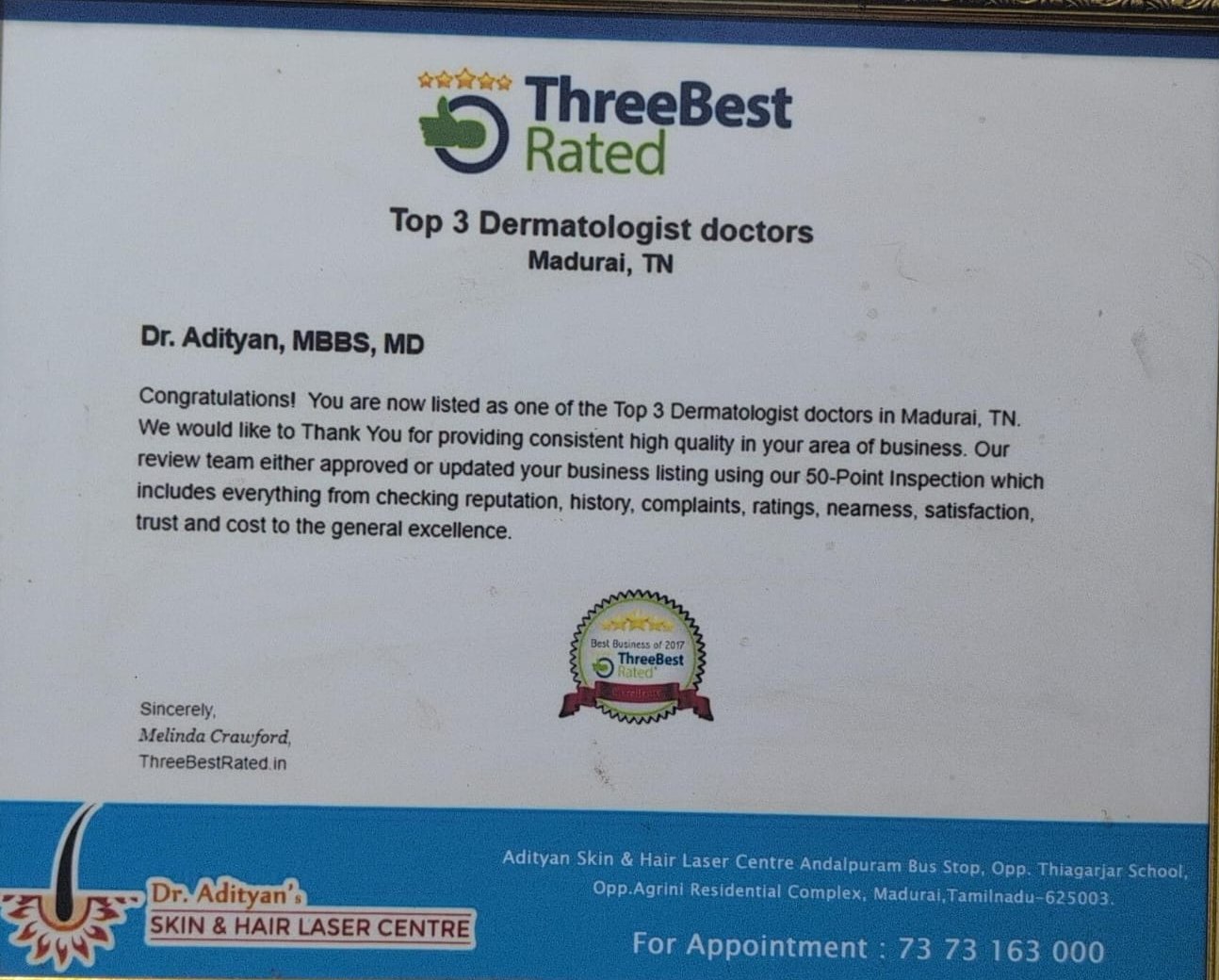 ThreeBestRated directory listing certificate, 2017, for Dr. Adityan, Madurai